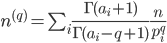 n^{(q)} = \sum_{i} \frac{\Gamma(a_{i}+1)}{\Gamma(a_i-q+1)} \frac{n}{p_{i}^{q}}
