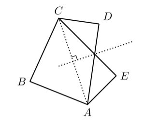 diagram of two partner quadrilaterals sharing vertices A, B, C, labeled ABCD and ABCE, with D and E reflected across the perpendicular bisector of diagonal AC