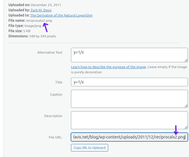 WordPress Media Library edit screen for a file named reciprocalx2.png, with arrows pointing to the File type and File URL fields to show the appended "2"